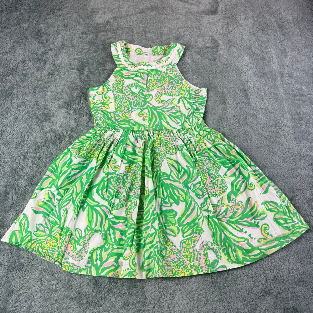 Lilly Pulitzer Girls Green Pink Tropical Floral Halter Dress Size 10 Lace Trim